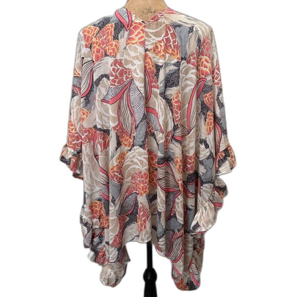 Umgee + Ruffle Kimono Pink Abstract Floral Boho Flowy Lightweight Size XL/1X - Picture 3 of 5